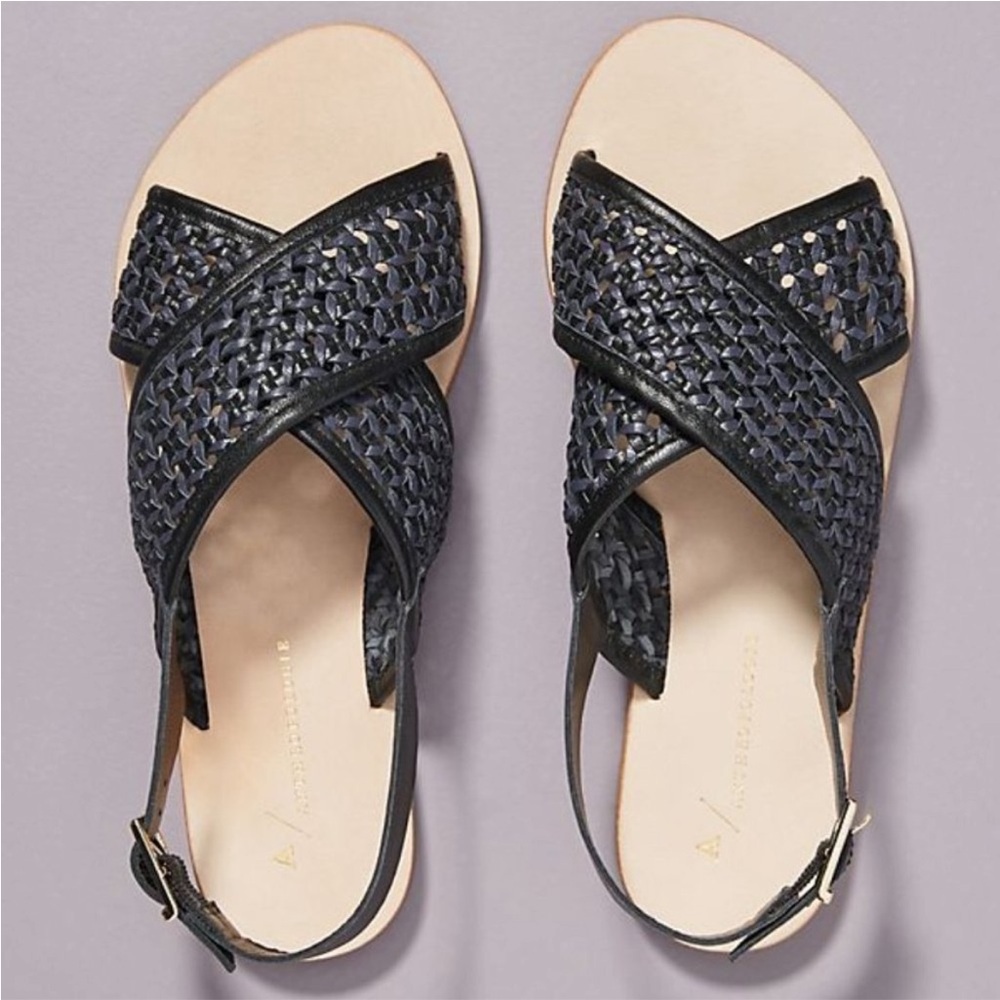 Anthropologie Ezra Criss-Cross Woven Leather Slingback Sandal Navy Black 10